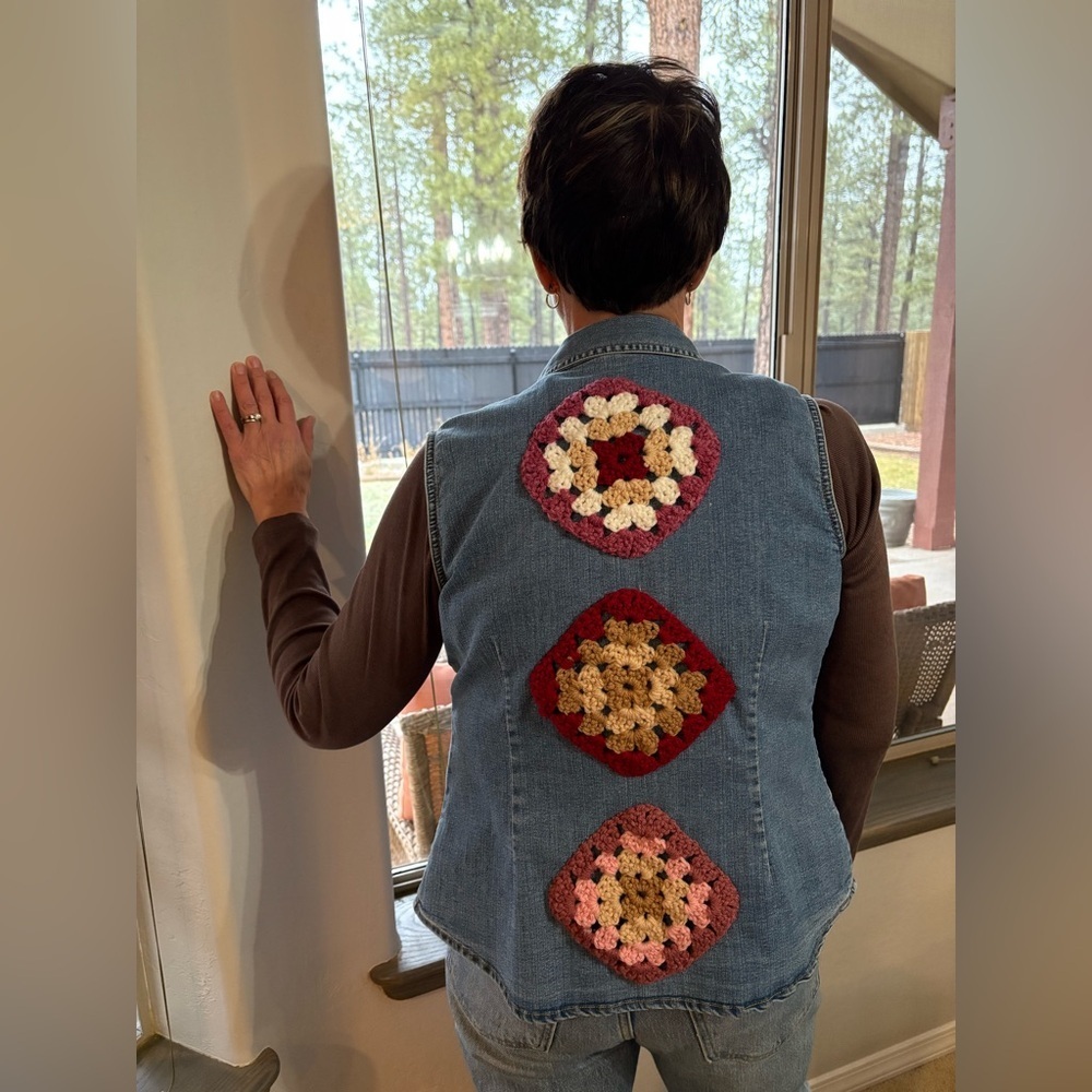 Upcycled St. John's Bay Blue Denim Vest with Granny squares - Picture 1 of 7